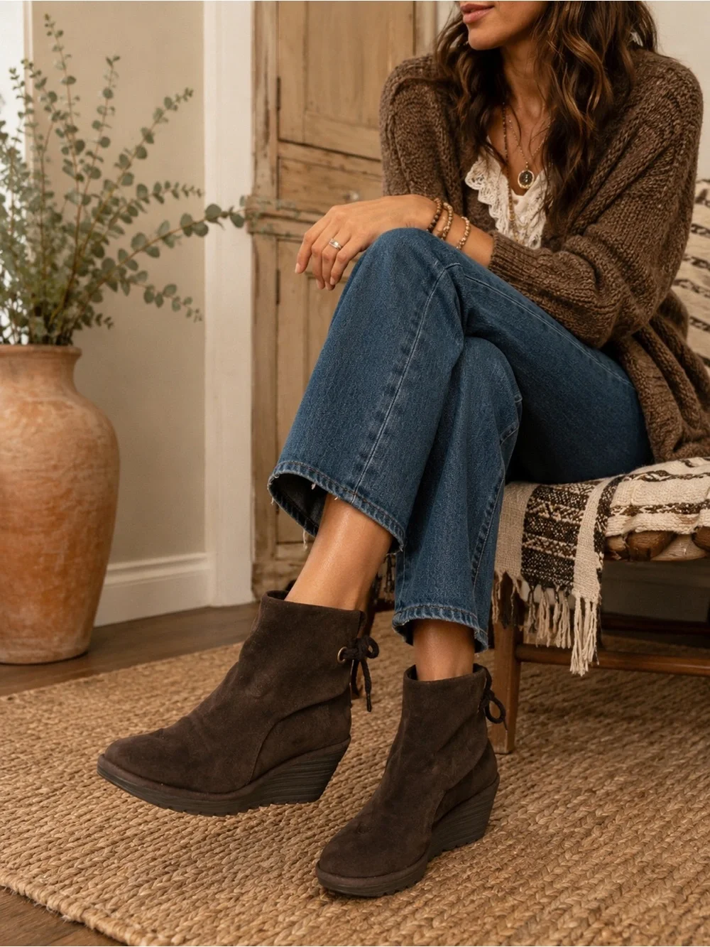 Fly London Brown Suede Wedge Ankle Boots Lace Up Boho EU 39